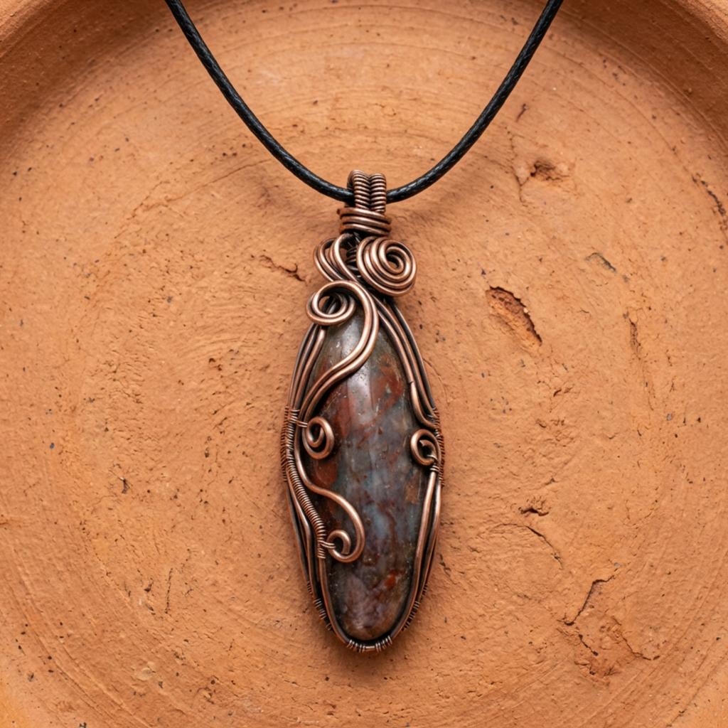 Copper pendant with stone on a black cord against a terracotta background