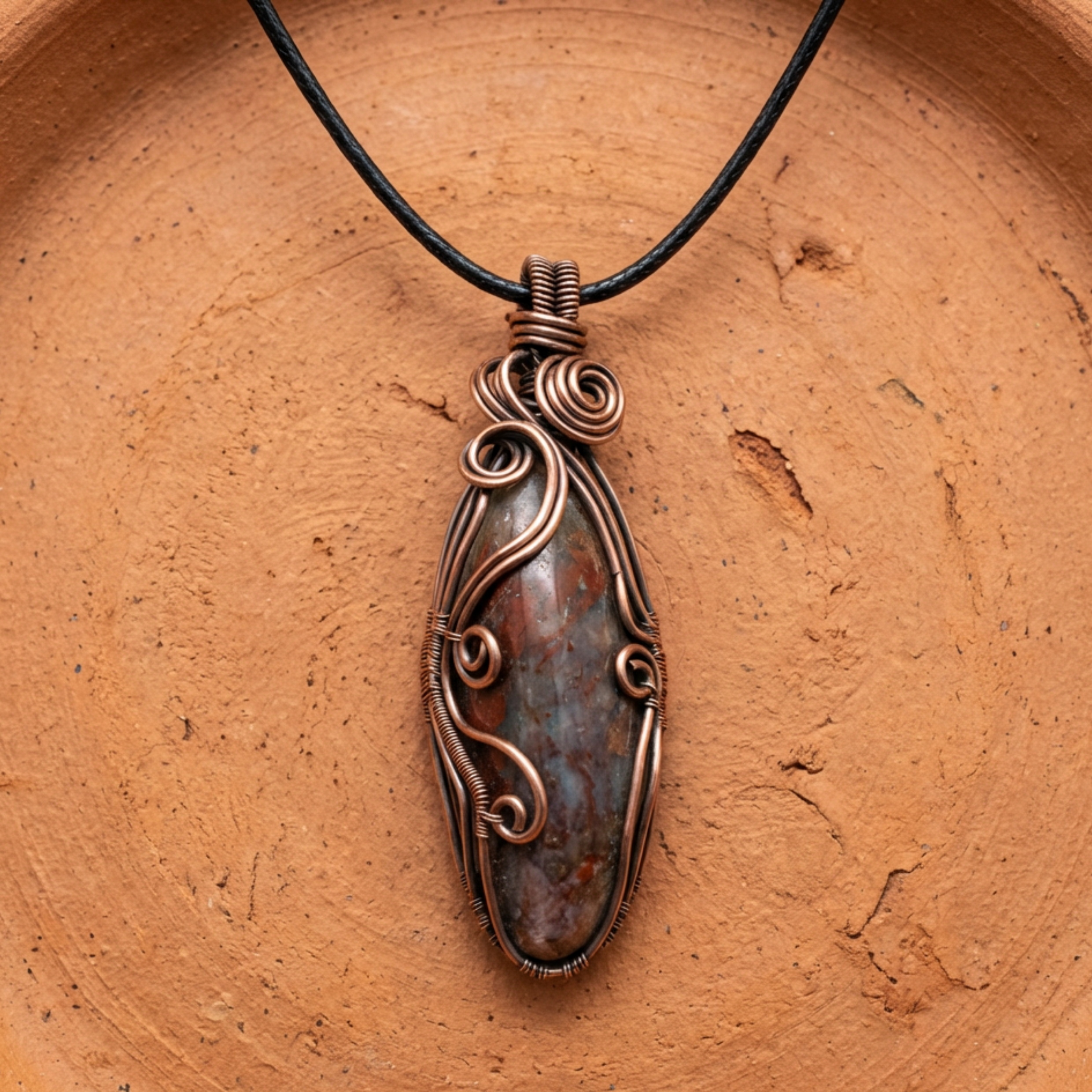 Copper pendant with stone on a black cord against a terracotta background