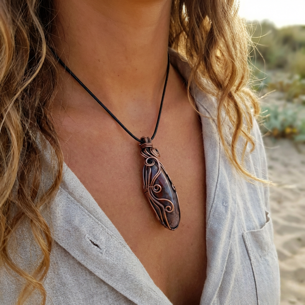 Person wearing a gemstone necklace with an ornate pendant on a beach