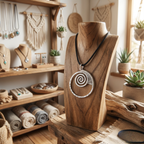 Silver spiral pendant on a wooden mannequin in a cozy interior setting with shelves and plants.