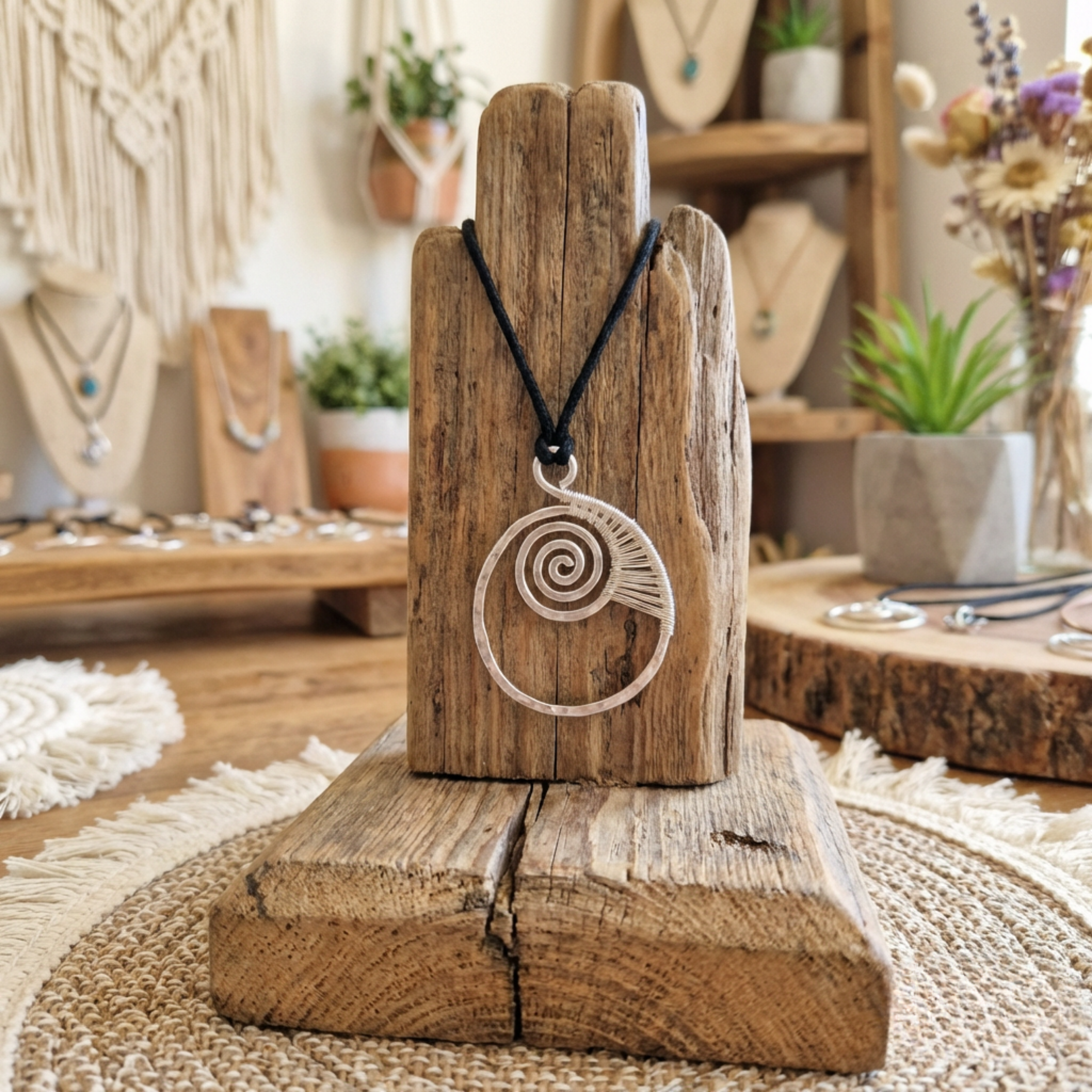 Necklace with a spiral pendant on a wooden stand in a jewelry store setting