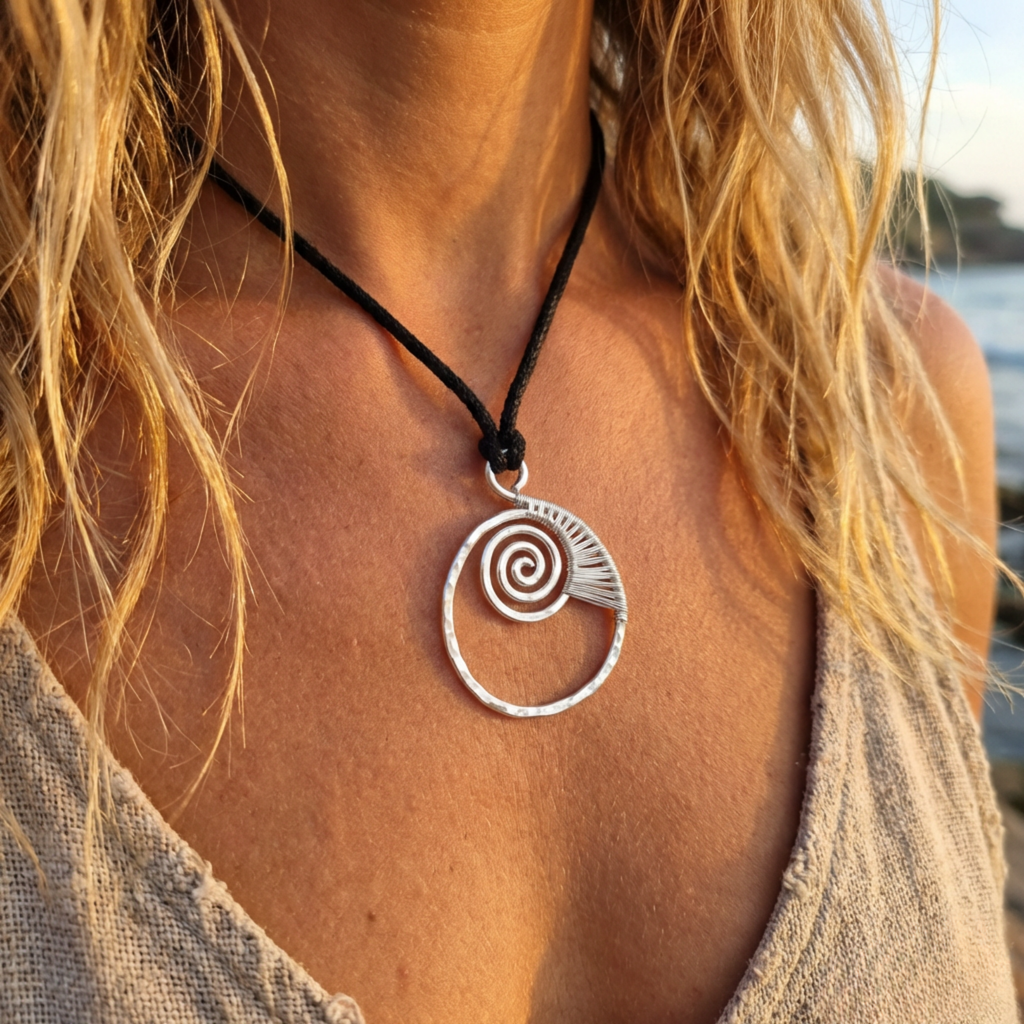 Femail model wearing a silver wire wrapped ammonite pendant on a black cord at the beach