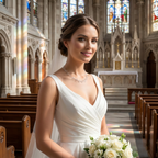 Bride in a white wedding dress and silver heart necklace, holding flowers in a church setting