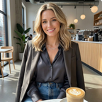Woman sitting in a modern cafe with a cappuccino in hand wearing casual clothes and a jacket with a silver heart necklace