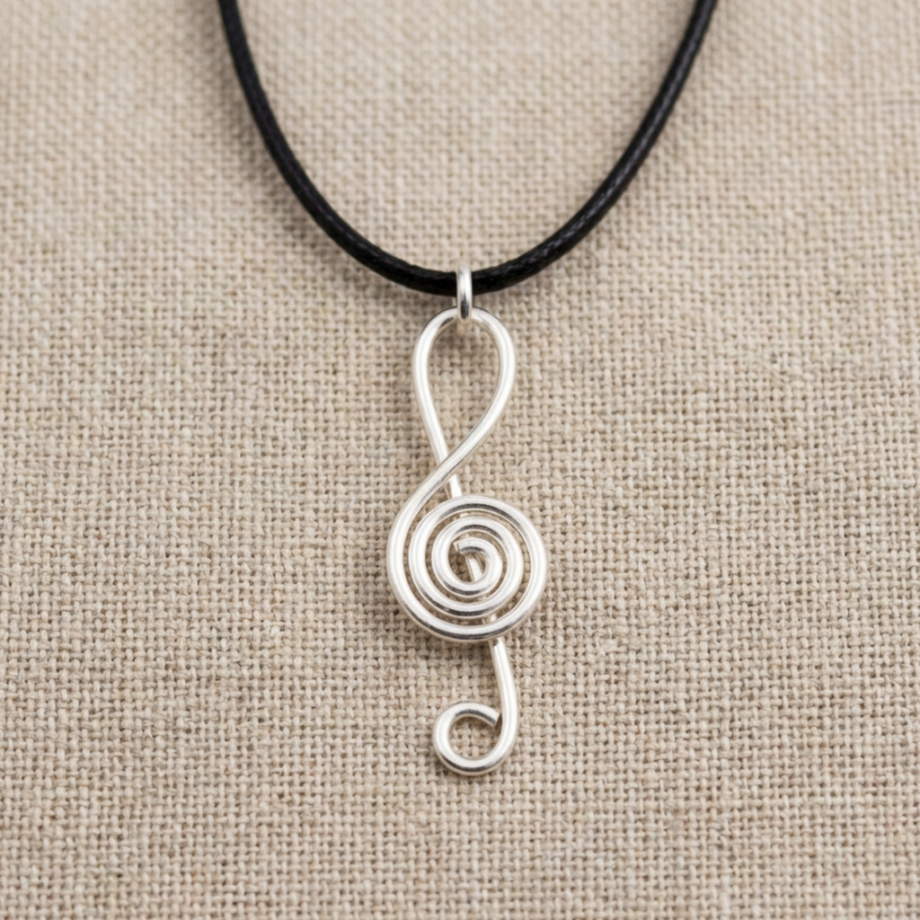 Silver treble clef pendant on a black cord against a beige fabric background