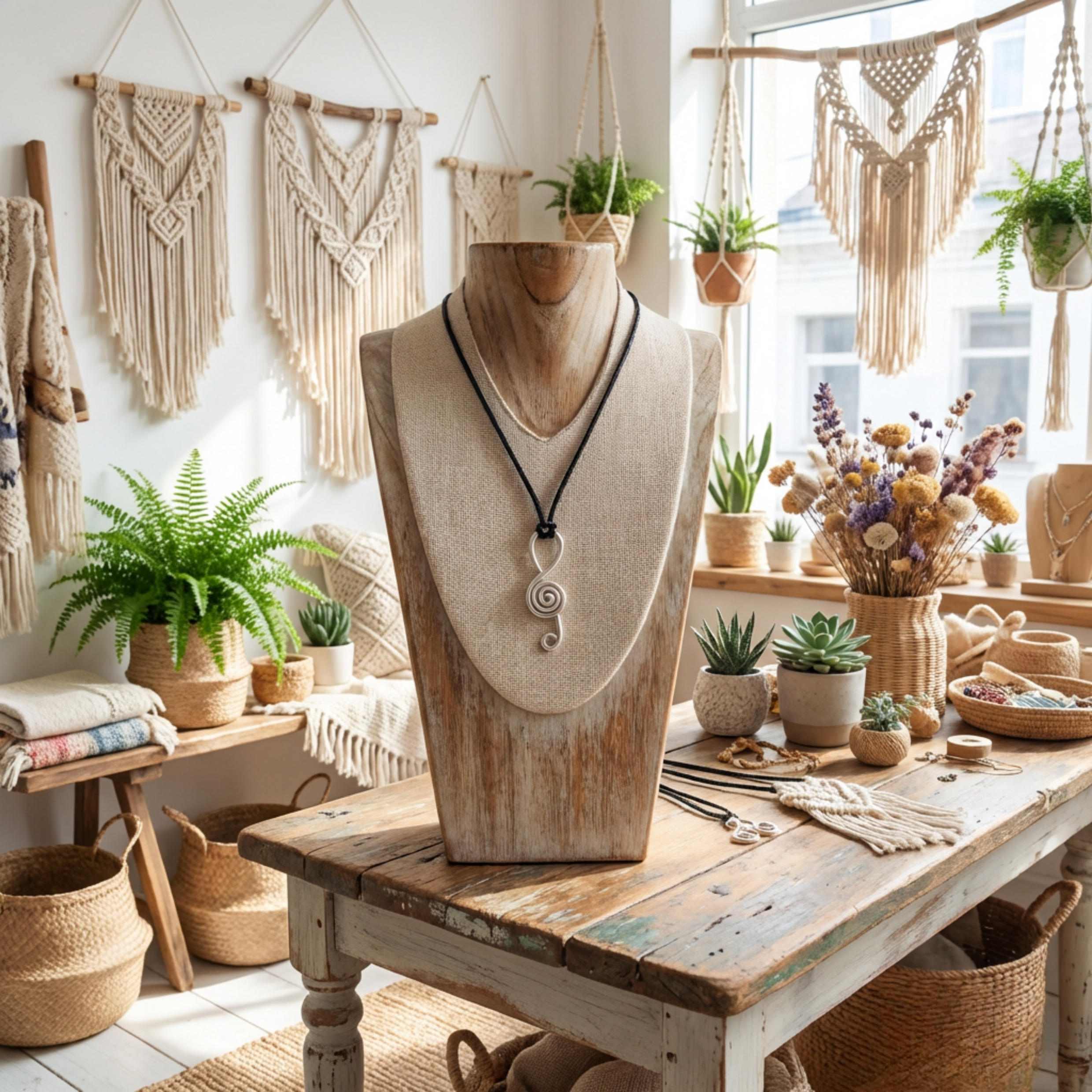 Necklace on a wooden mannequin displayed on a rustic table with decorative plants and macrame wall hangings.