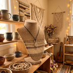 Necklace on a mannequin bust in a cozy room with decorative items and string lights.
