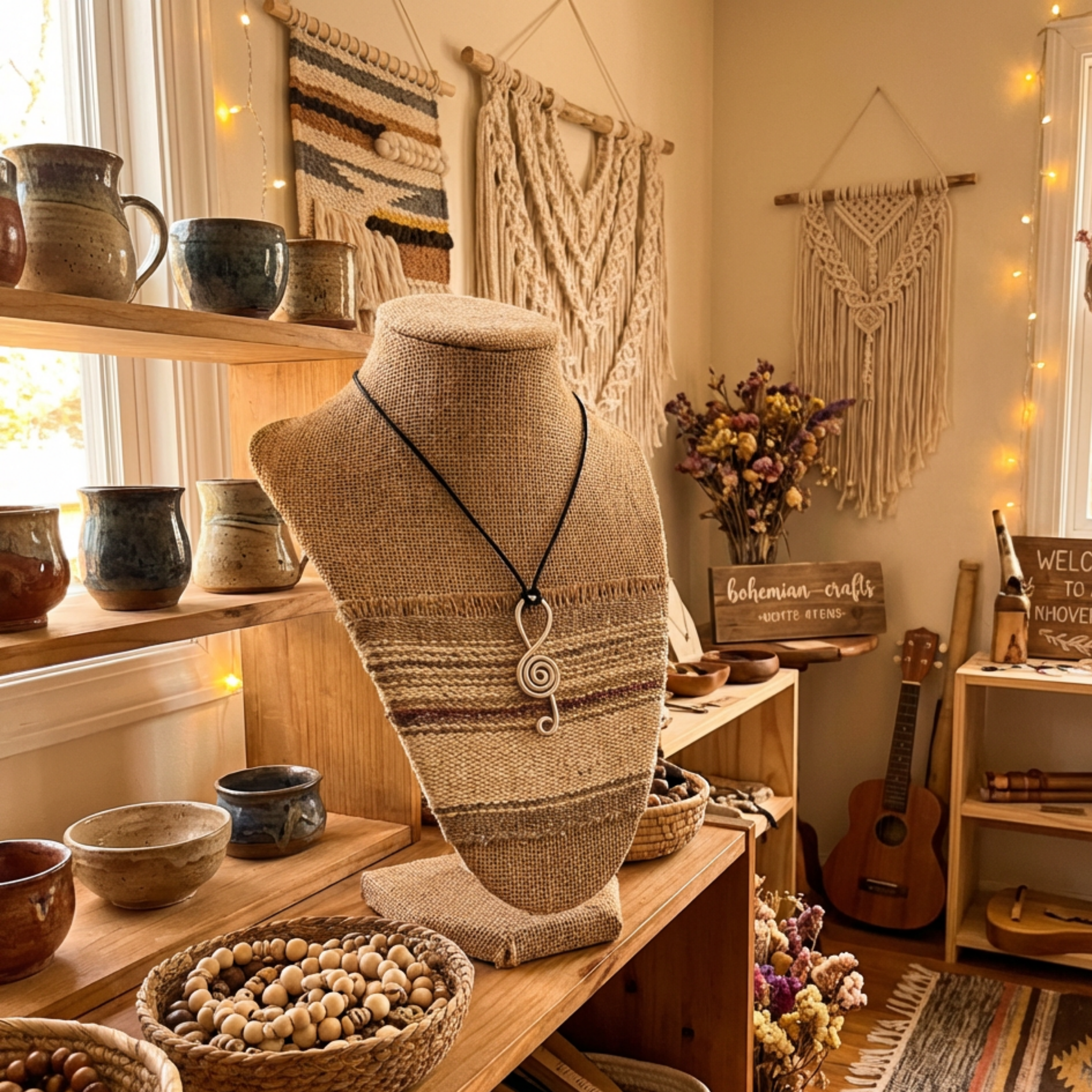 Necklace on a mannequin bust in a cozy room with decorative items and string lights.