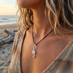 Person wearing a music note necklace with a spiral pendant on a beach