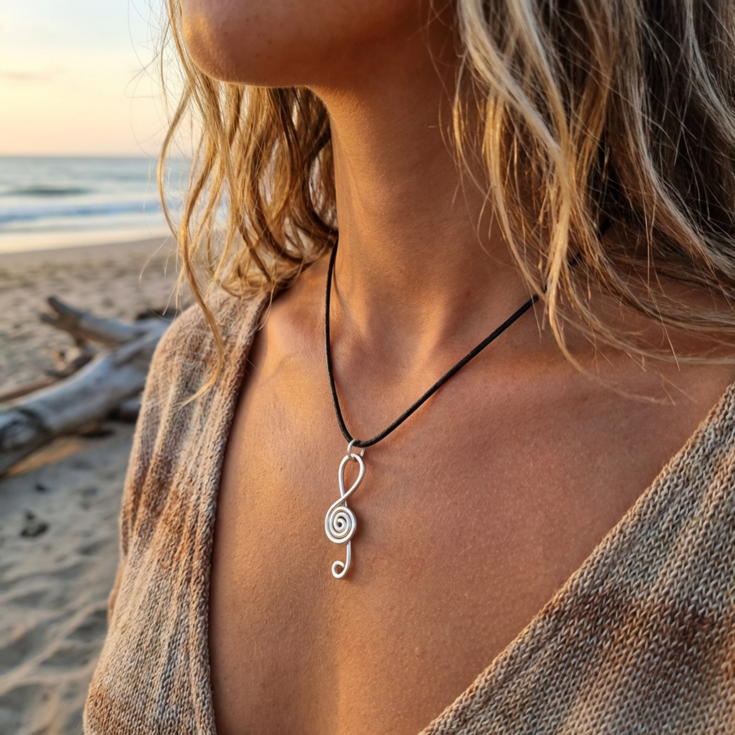Person wearing a music note necklace with a spiral pendant on a beach