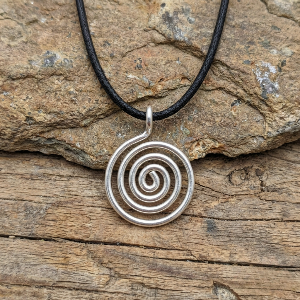 Silver spiral pendant on a black cord against a rustic stone background