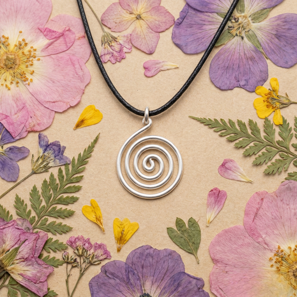 Silver spiral pendant necklace on a bed of pressed flowers and leaves.