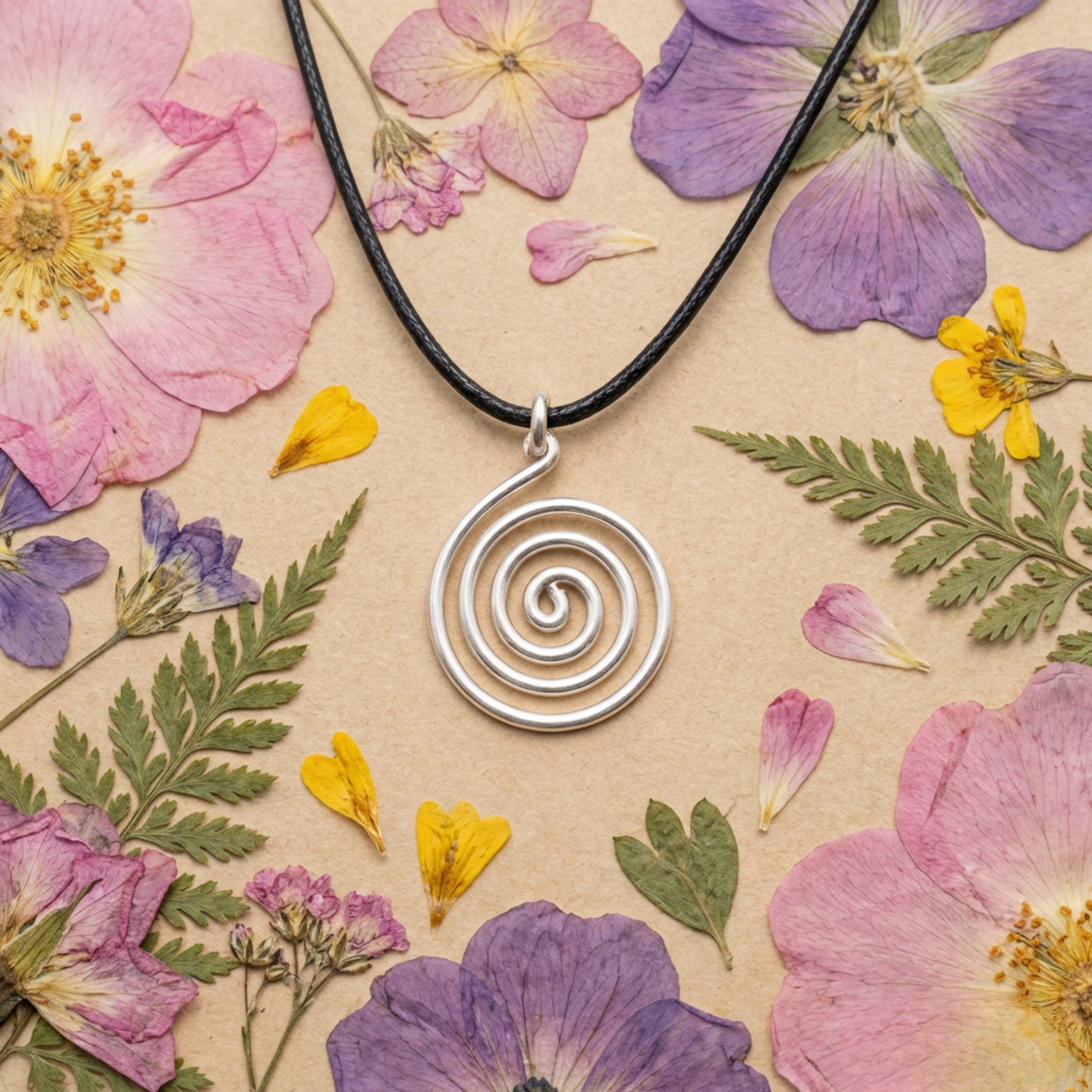 Silver spiral pendant necklace on a bed of pressed flowers and leaves.