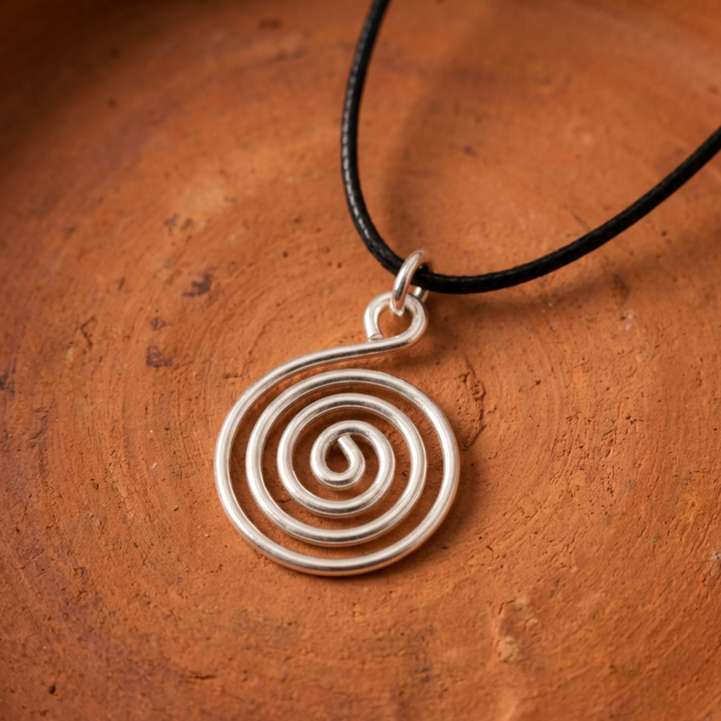 Silver spiral pendant on a black cord against an orange-brown background