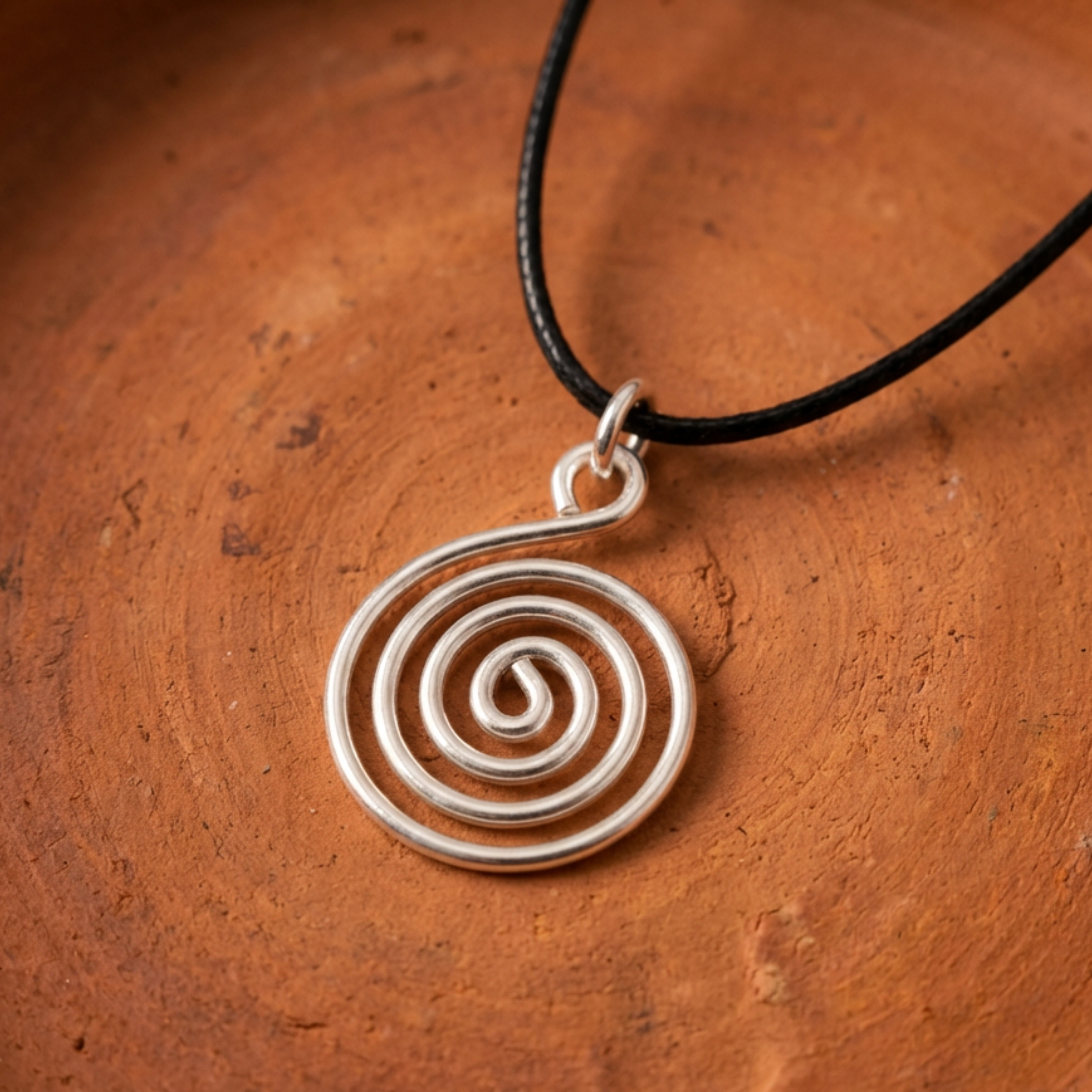 Silver spiral pendant on a black cord against an orange-brown background