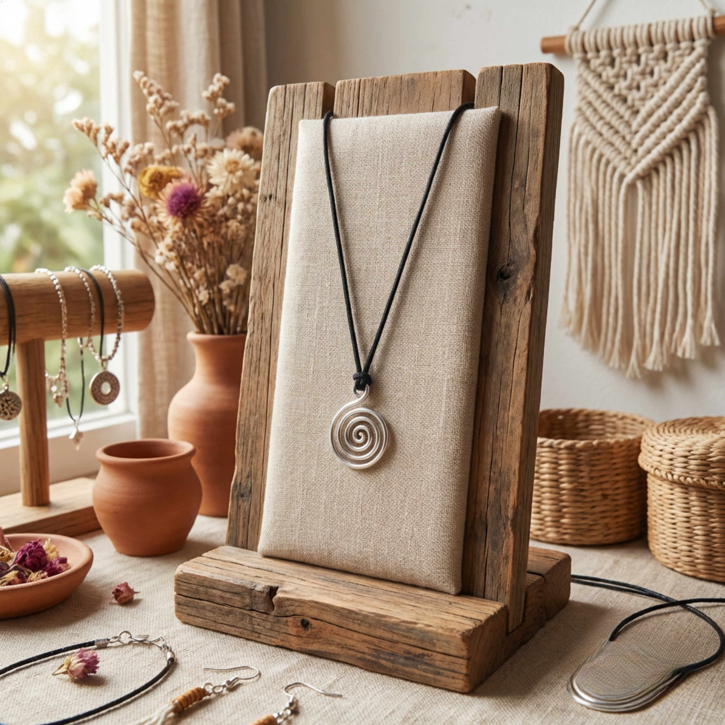 Necklace with a spiral pendant on a wooden stand in a home setting with decor elements.