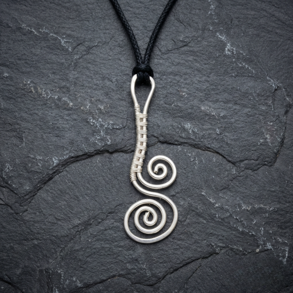 Silver spiral pendant on a black cord against a dark stone background