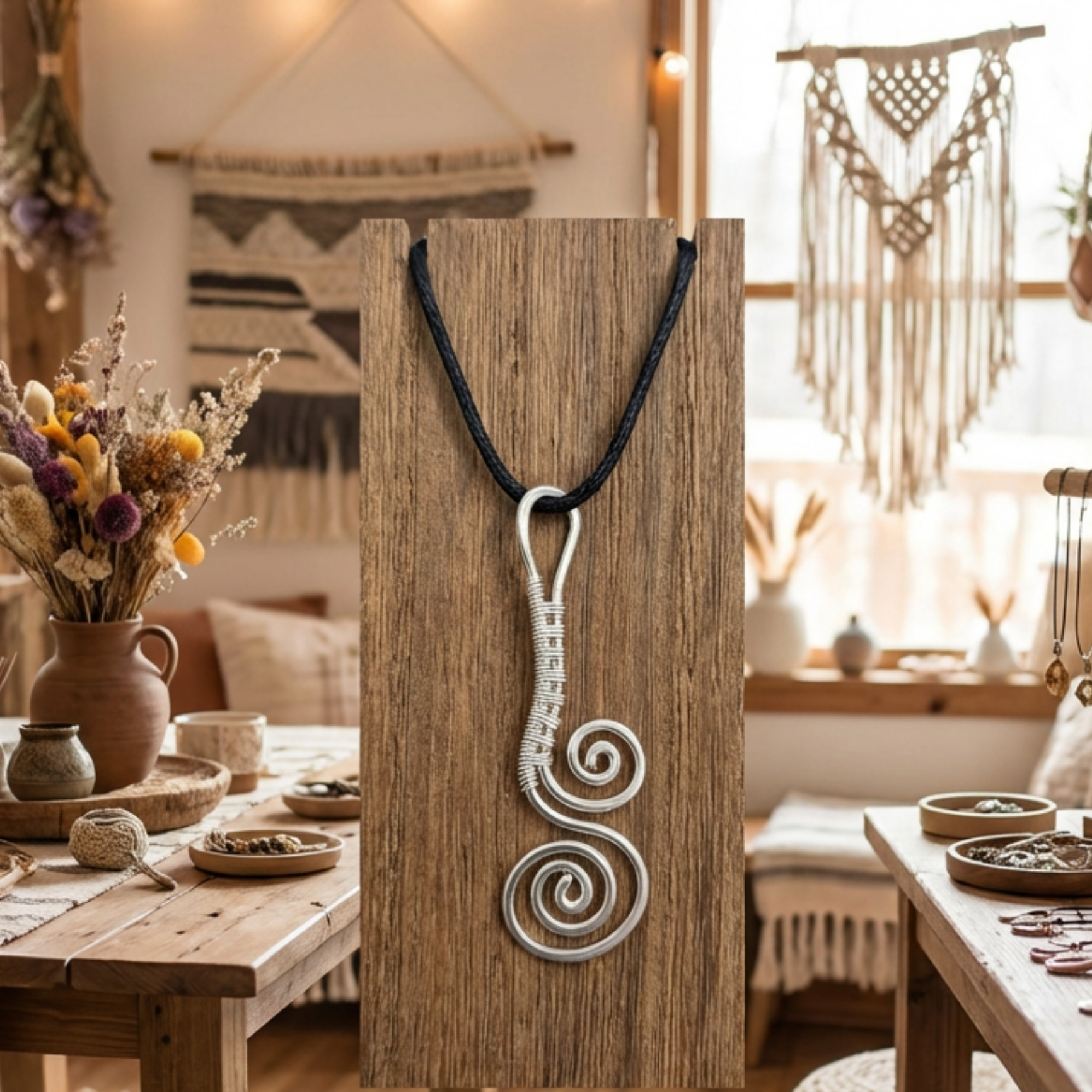 Necklace with a decorative pendant on a wooden stand in a cozy, rustic interior setting.