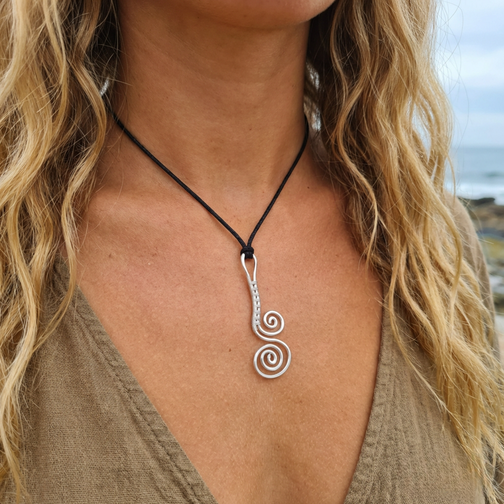 Person wearing a silver spiral pendant necklace with a blurred natural background