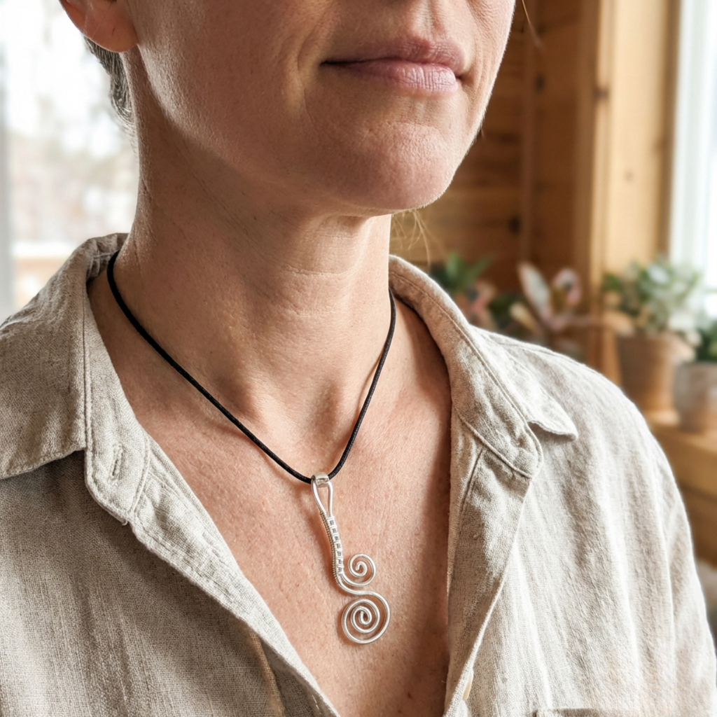 Person wearing a necklace with a swirling pendant in a softly lit room.