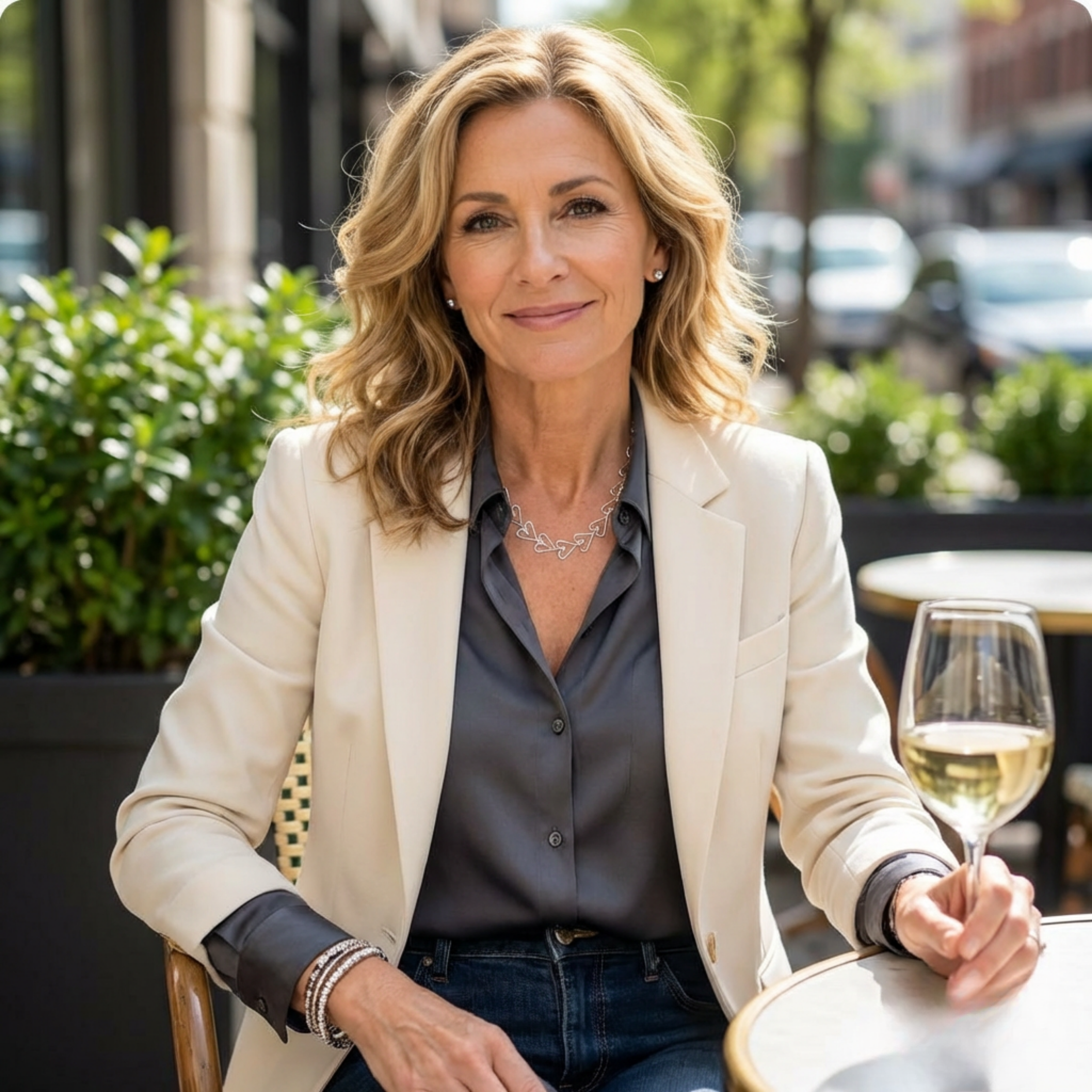 Woman sitting outdoors with a glass of wine, wearing a beige blazer and blue shirt. And a silver heart necklace