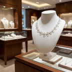 Silver Heart Necklace on a mannequin bust in a jewellery store setting