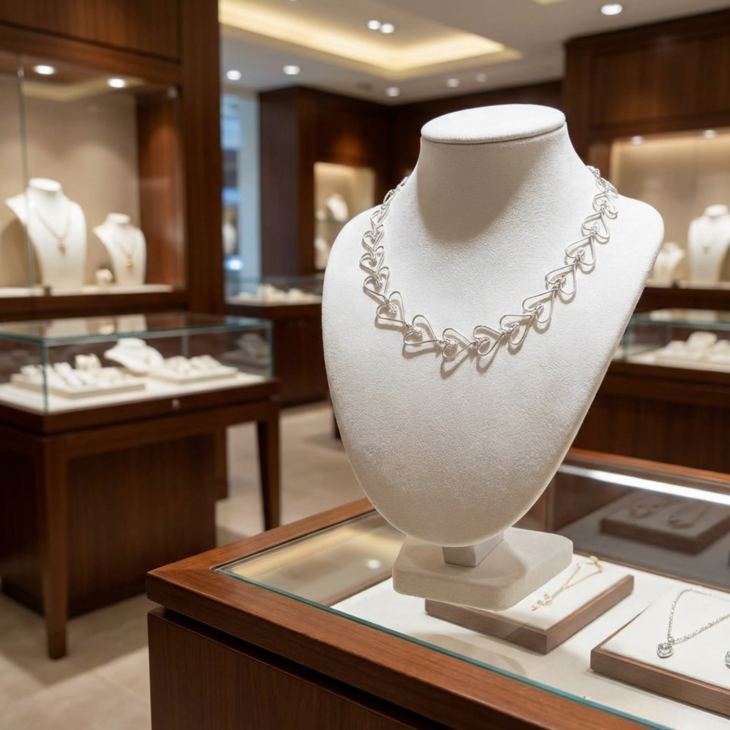 Silver Heart Necklace on a mannequin bust in a jewellery store setting