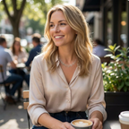 Woman sitting outdoors with a cup of coffee, smiling. With a necklace ade up o silver hearts in a chain