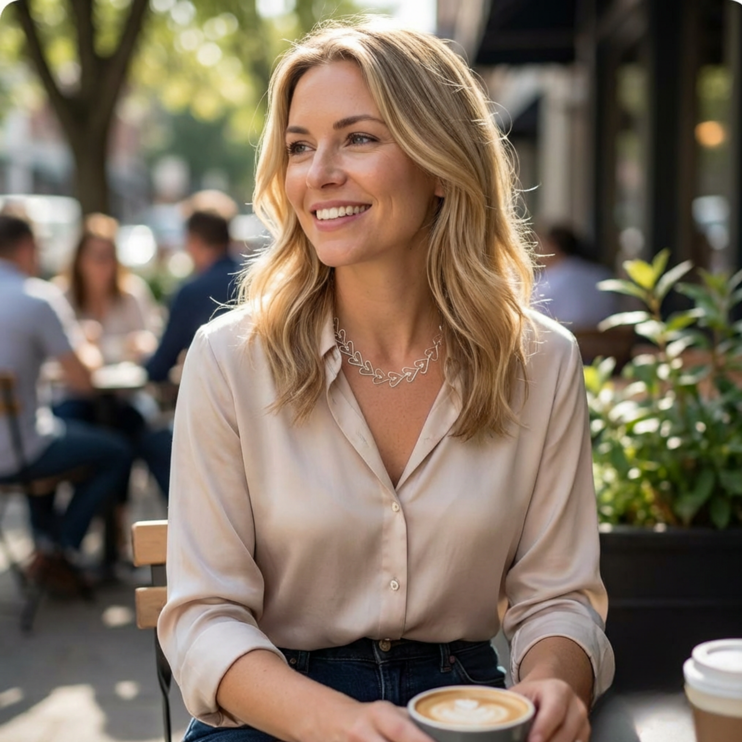 Woman sitting outdoors with a cup of coffee, smiling. With a necklace ade up o silver hearts in a chain