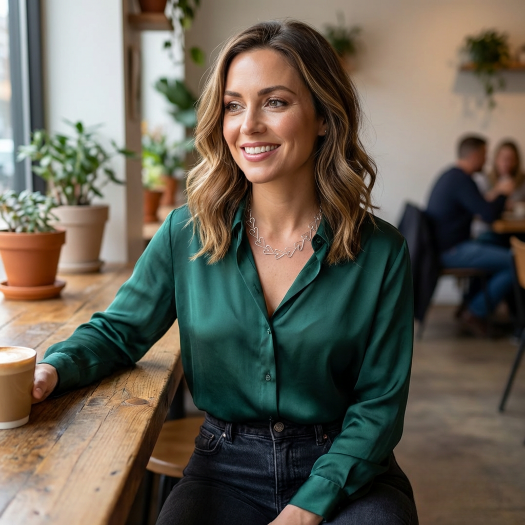 Woman in a green shirt sitting at a table in a cafe with a blurred background wearing a silver heart necklace