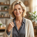 Woman wearing a beige cardigan and grey shirt in a home setting with a silver heart chain necklace