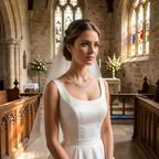 Bride in a white dress standing in a church with stained glass windows, wearing a silver heart necklace