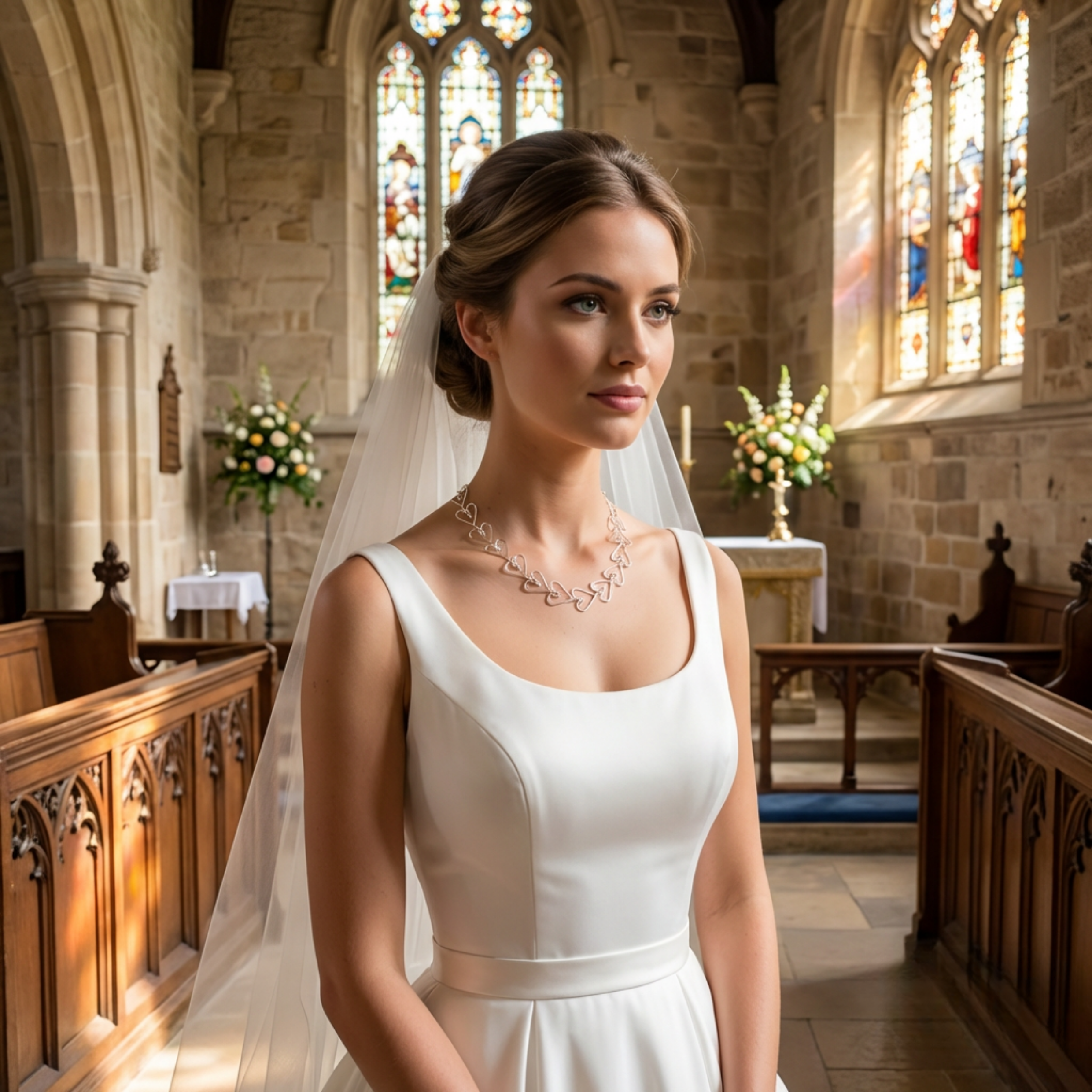 Bride in a white dress standing in a church with stained glass windows, wearing a silver heart necklace