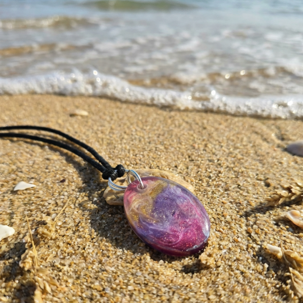 Small oval resin pendant with pink gold and purple colouring on the beach