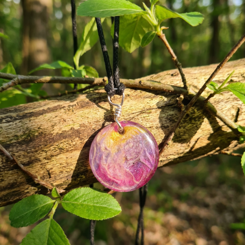 Necklace with a pink and purple pendant hanging on a branch in a forest