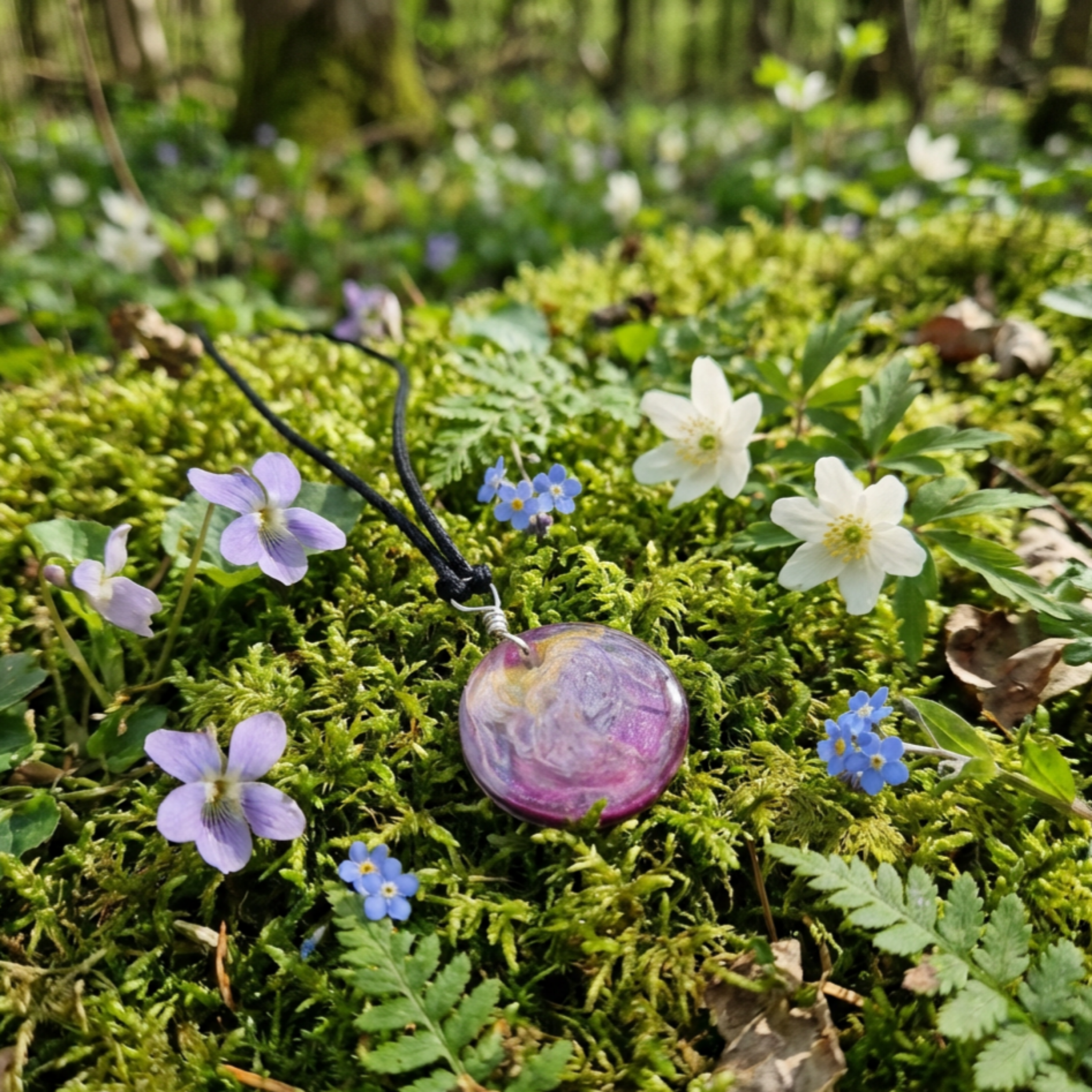 Purple pendant necklace on a mossy ground with flowers