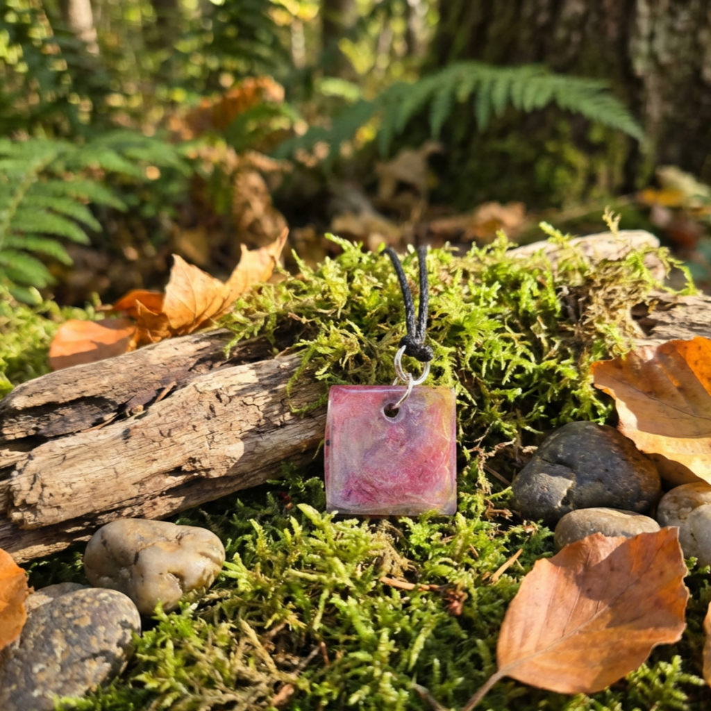 Necklace with a square pendant on a forest floor with moss, leaves, and rocks.