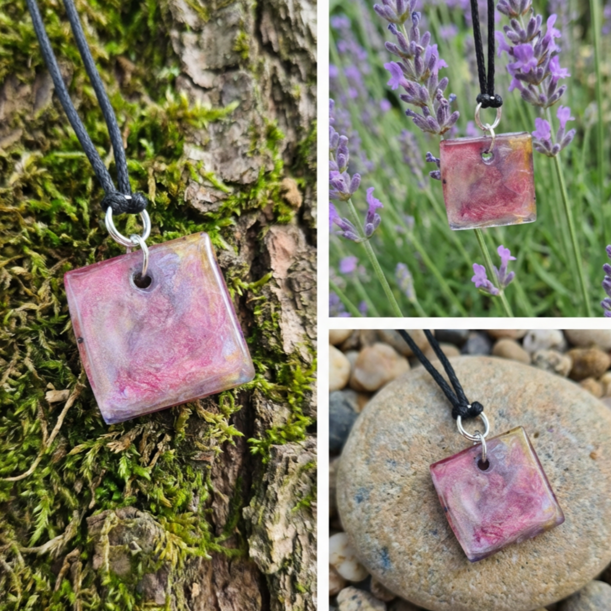 Collage of a square pink and purple pendant on a black cord, with natural backgrounds.