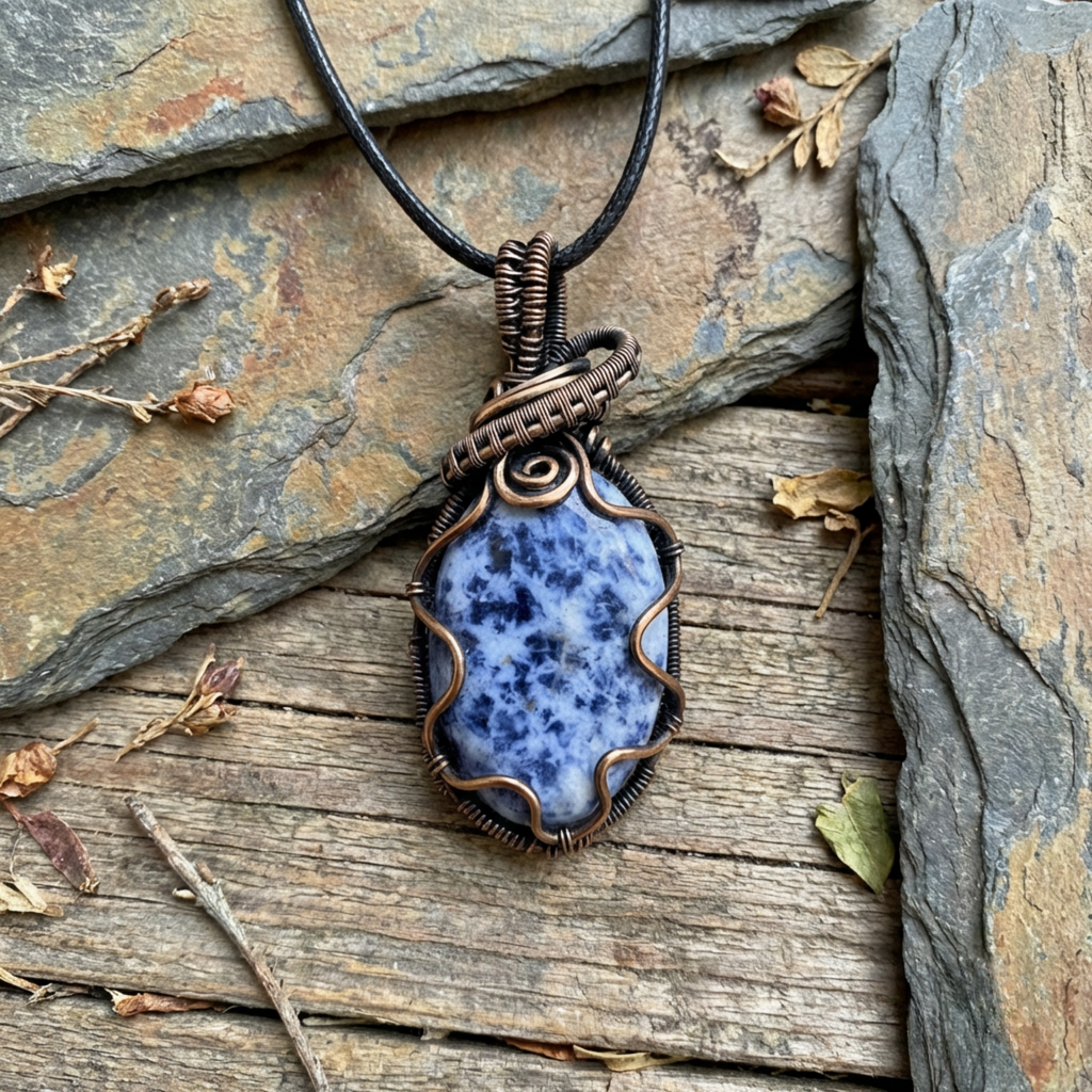 Necklace with a blue stone pendant on a stone surface