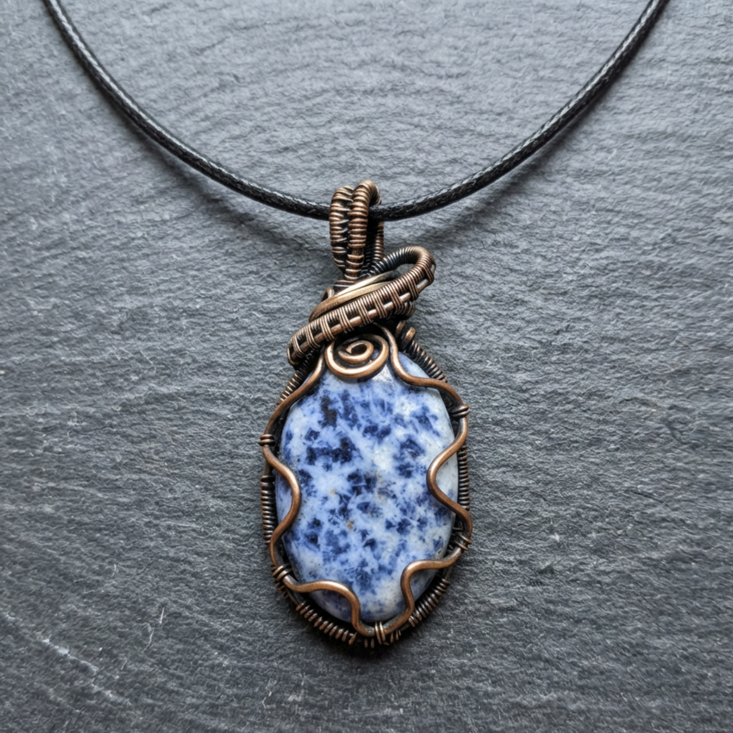 Necklace with a blue stone pendant on a gray background