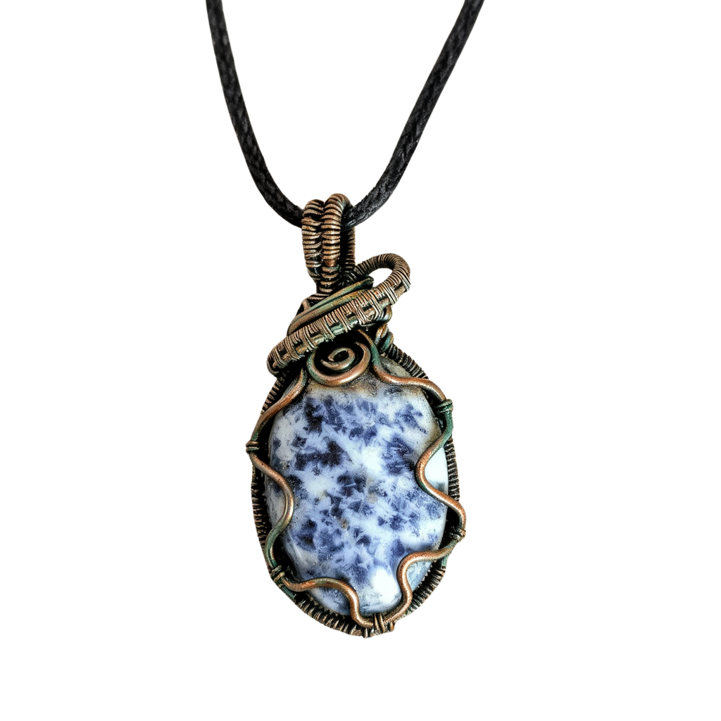 Necklace with a blue and white stone pendant on a black cord against a white background