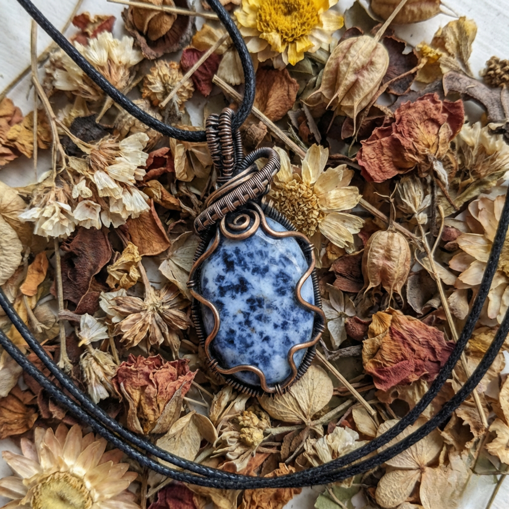 Copper pendant with blue speckled Sodalite gemstone on a bed of dried flowers
