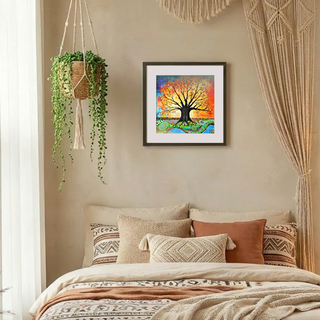 Decorative bedroom with a bed, pillows, and wall art.