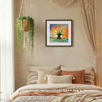 Decorative bedroom with a bed, pillows, and wall art.