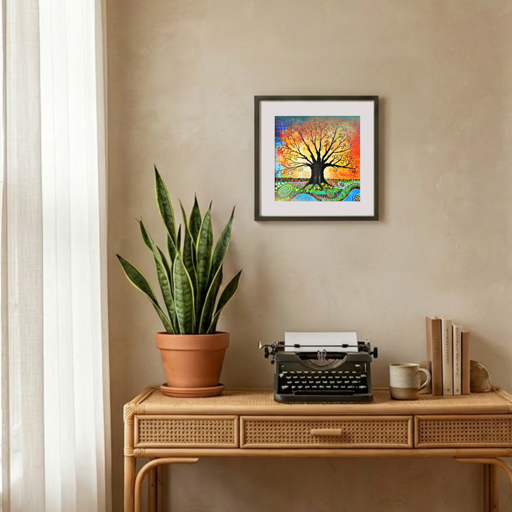 Decorative setup with a potted plant, typewriter, and framed artwork on a wooden table.