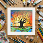 Colourful tree artwork on a wooden surface with art supplies