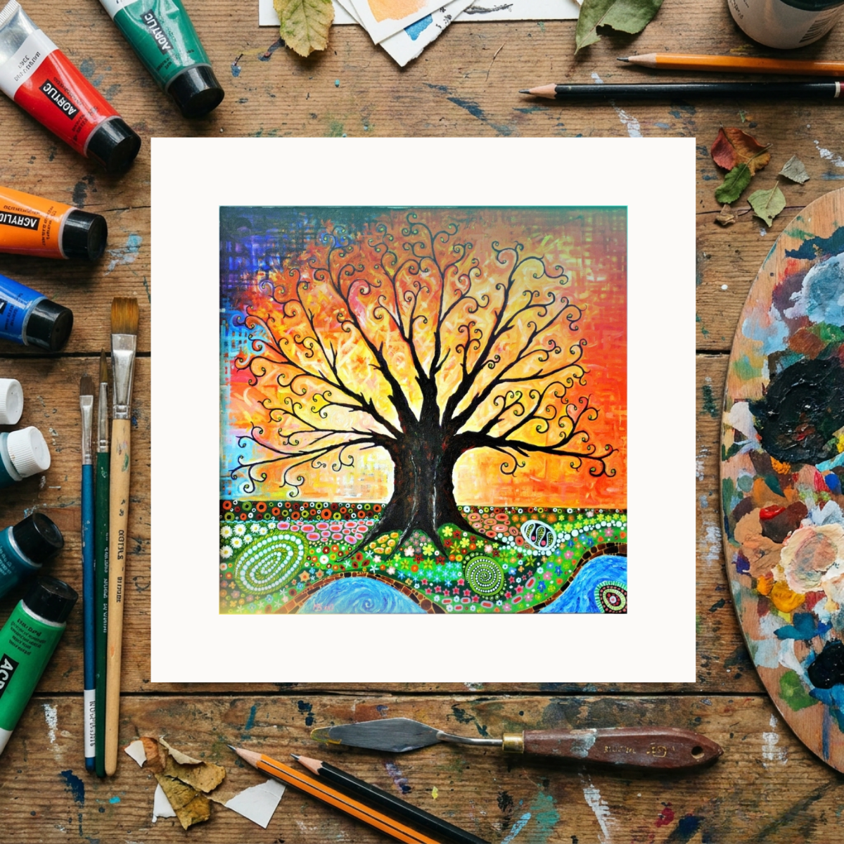 Colorful tree painting on a wooden surface with art supplies