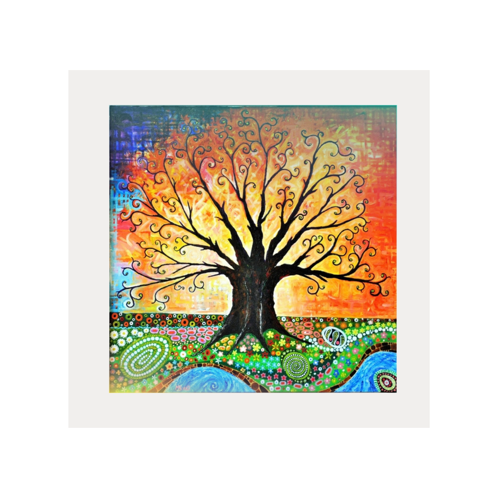 Colourful abstract painting of a tree with a white frame