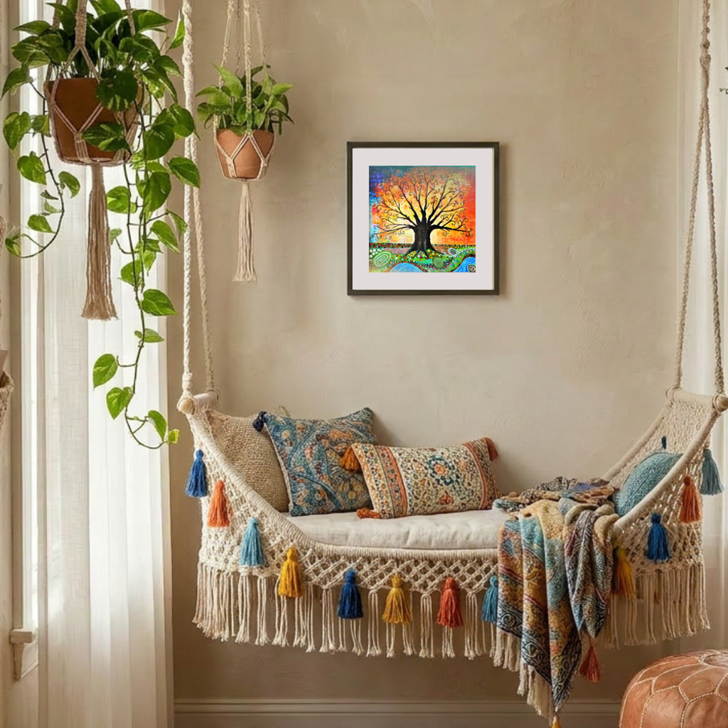 Decorative indoor swing with colourful pillows and a framed artwork on the wall.