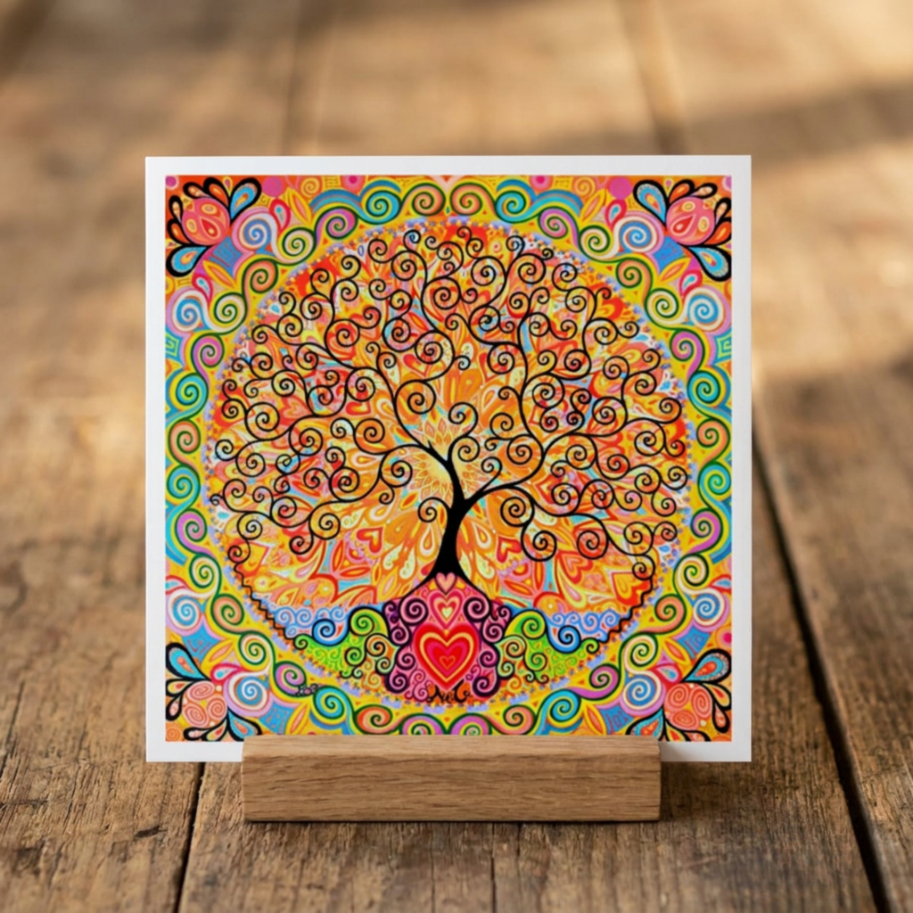 Colorful tree of life design on a wooden surface